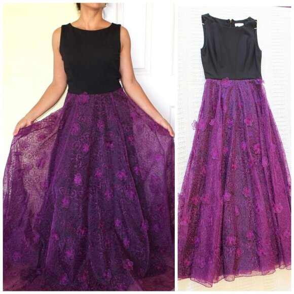 NWOT Erin Fetherston 3D Floral Print maxi dress Size 8 Purple & Black Gown Zip - Picture 1 of 13